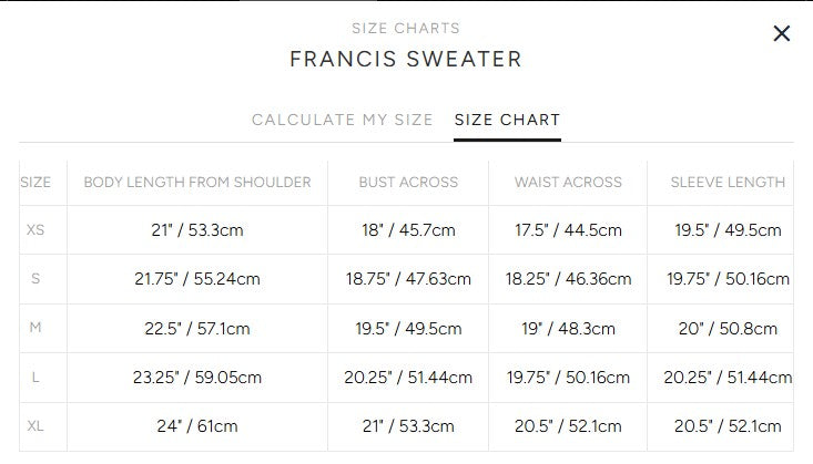 Product size guide