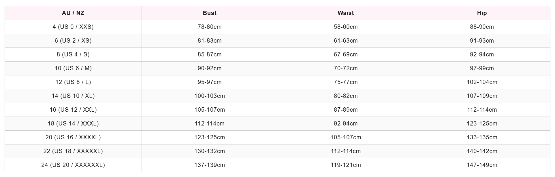 Product size guide