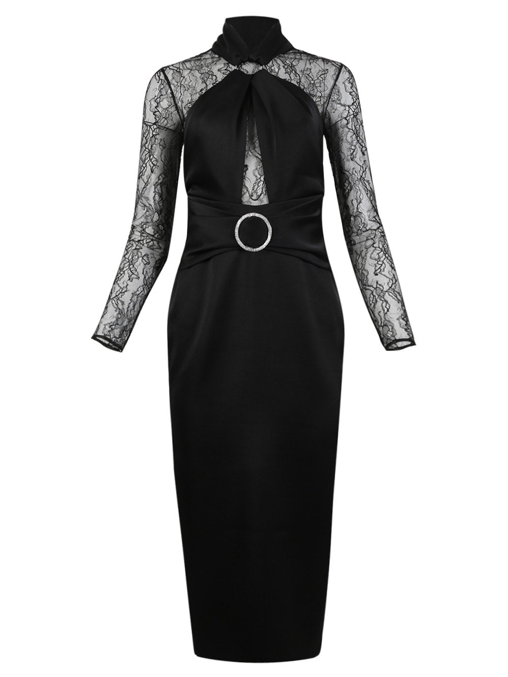Women | RASARIO | Draped Satin Lace Midi Dress With Buckle And Ring | Black
