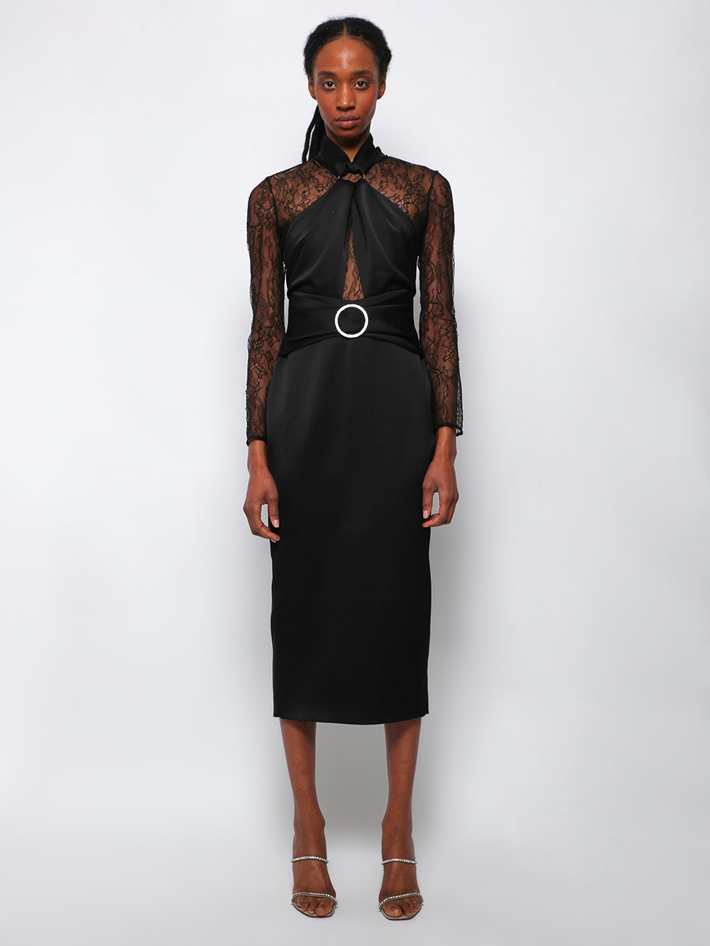 Women | RASARIO | Draped Satin Lace Midi Dress With Buckle And Ring | Black