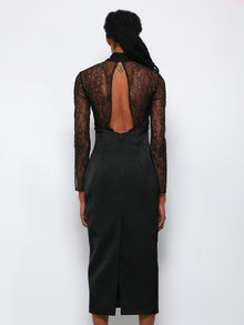 Women | RASARIO | Draped Satin Lace Midi Dress With Buckle And Ring | Black