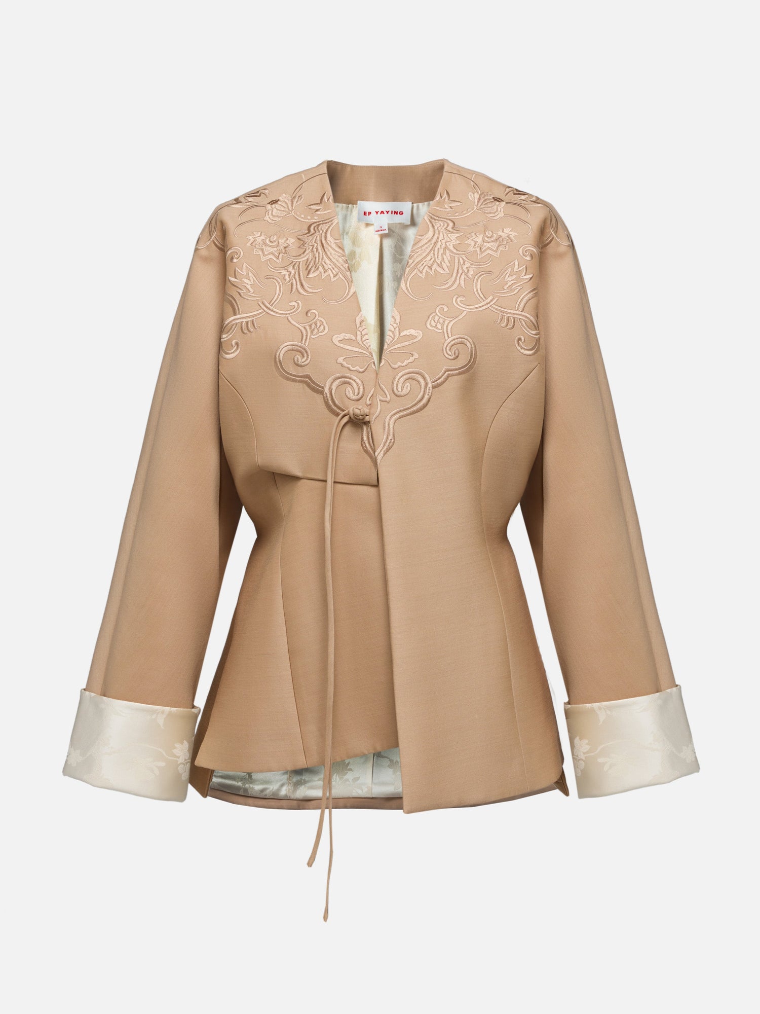 Floral Embroidery Tie Closure Jacket | Beige