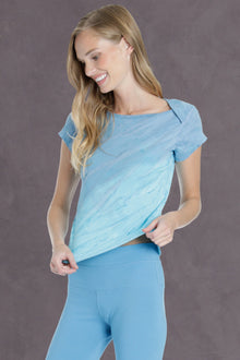 Women | Short Sleeve Crossover Shoulder Baby Tee | Diagonal Rainbow Horizon 12