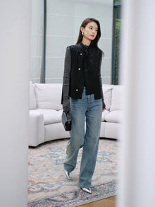 Wool Embroidered Stand Collar Vest | Black