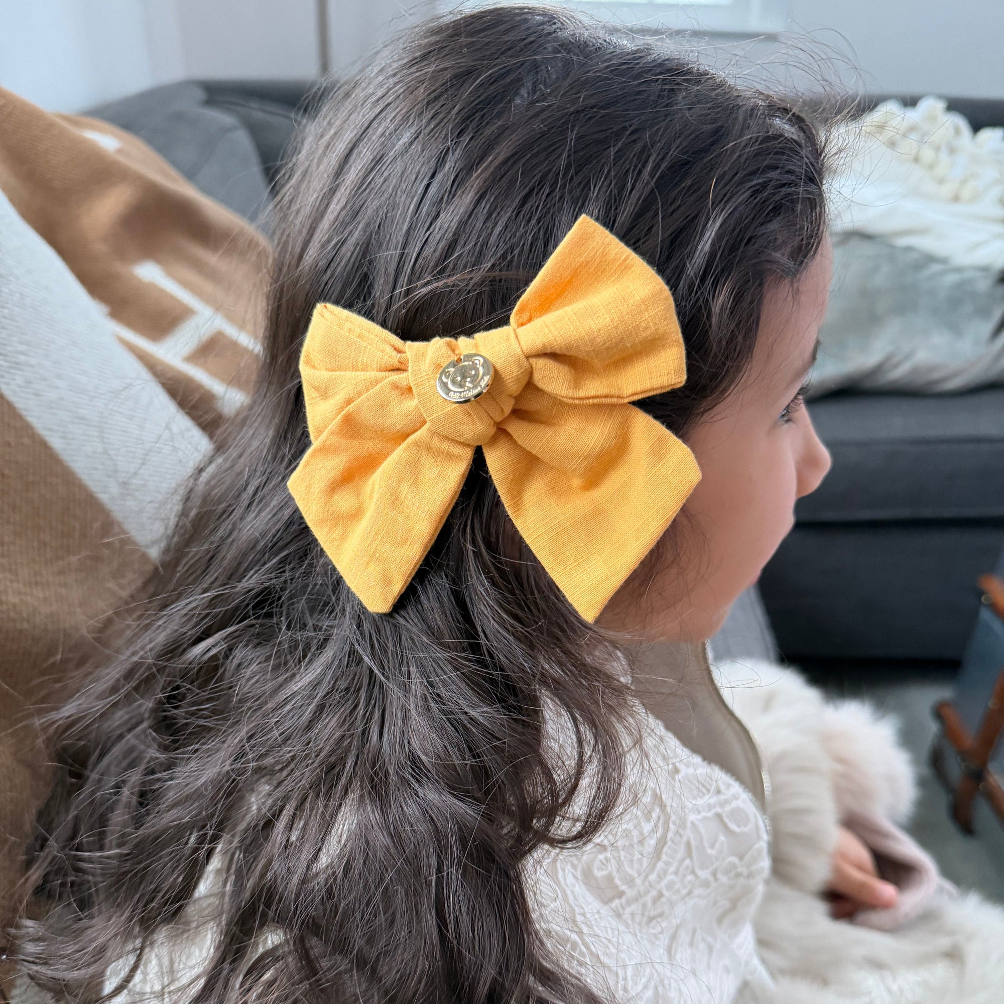 Girl | Emma Linen Hair Bow Bow | Mustard