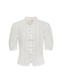 Cotton Lace Openwork Stand Collar Top | White