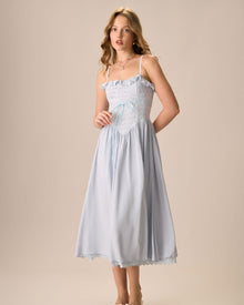 Women's Blue Embroidery Cotton Slip Midi Dress