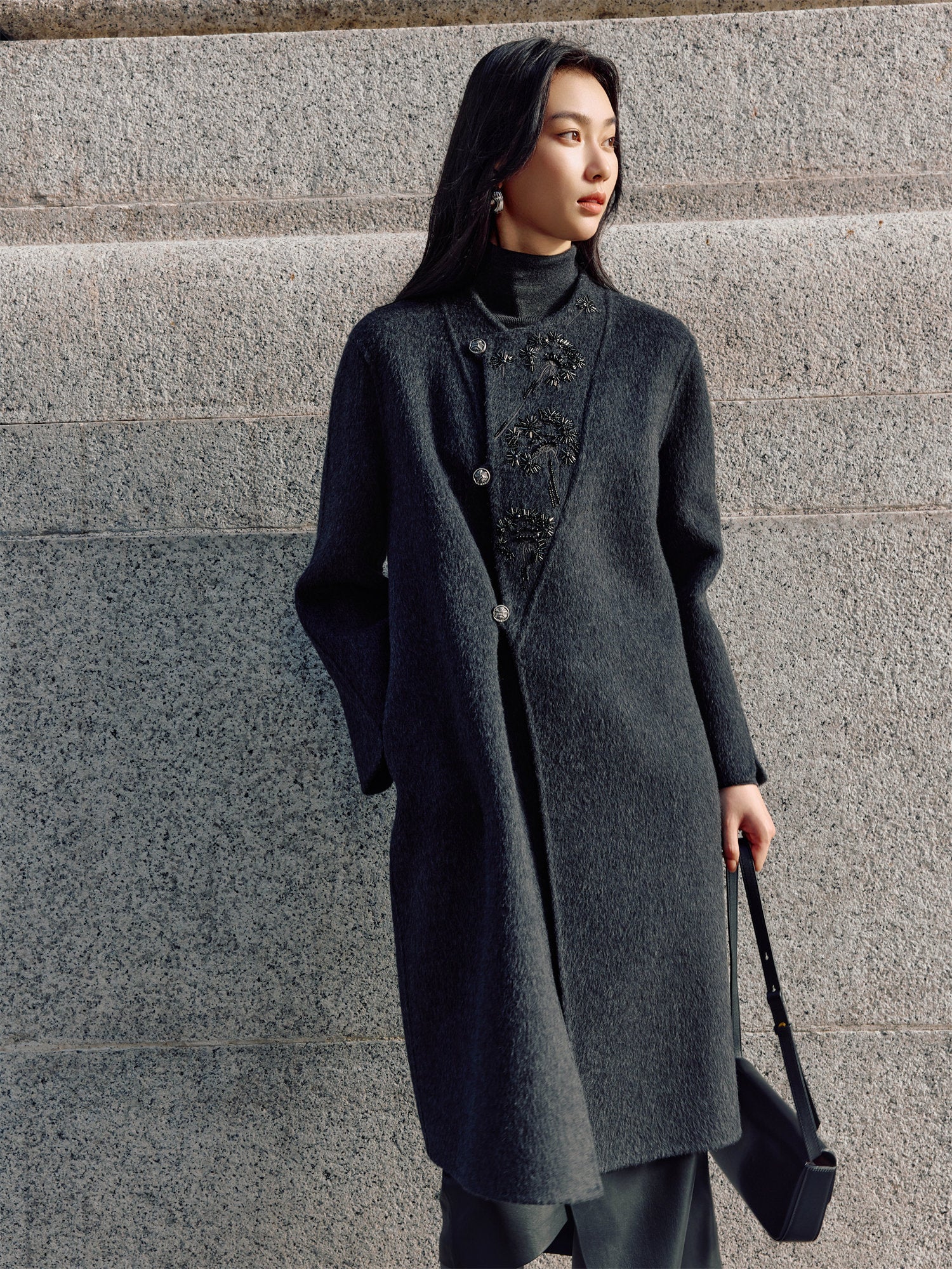Traditional Embroidered Long Coat | Grey