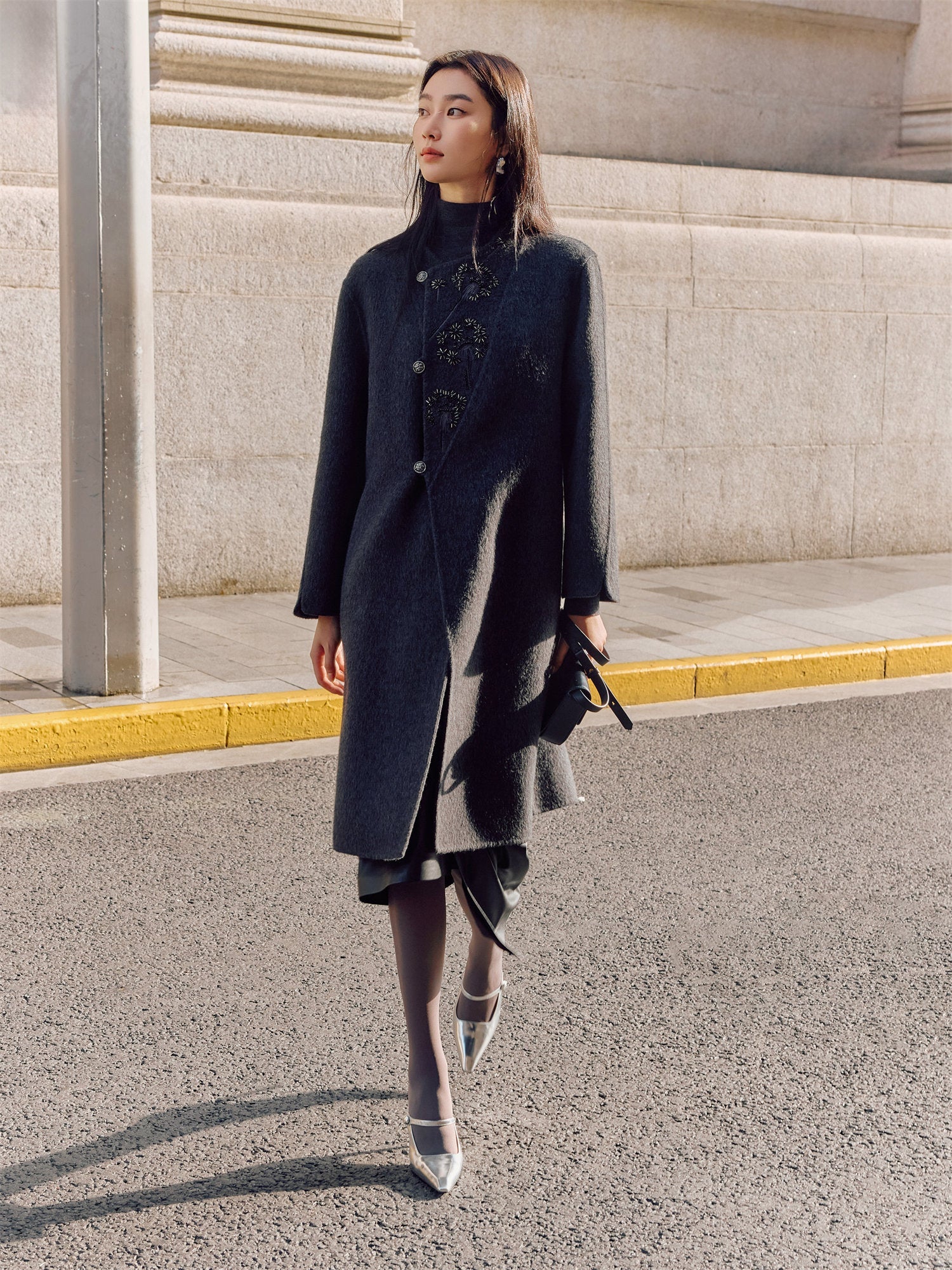 Traditional Embroidered Long Coat | Grey