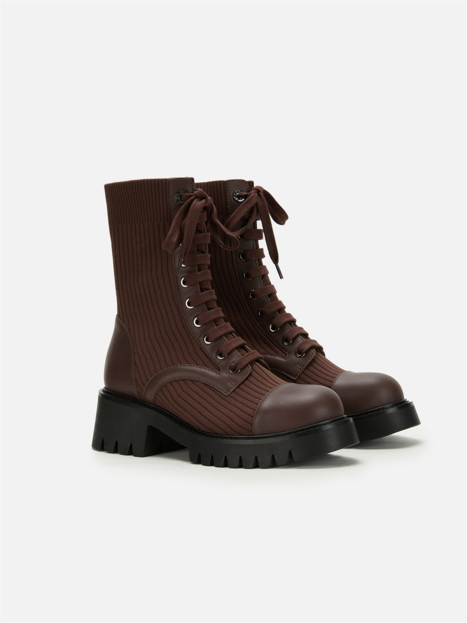 Knitted Chunky Heel Martin Boots | Brown