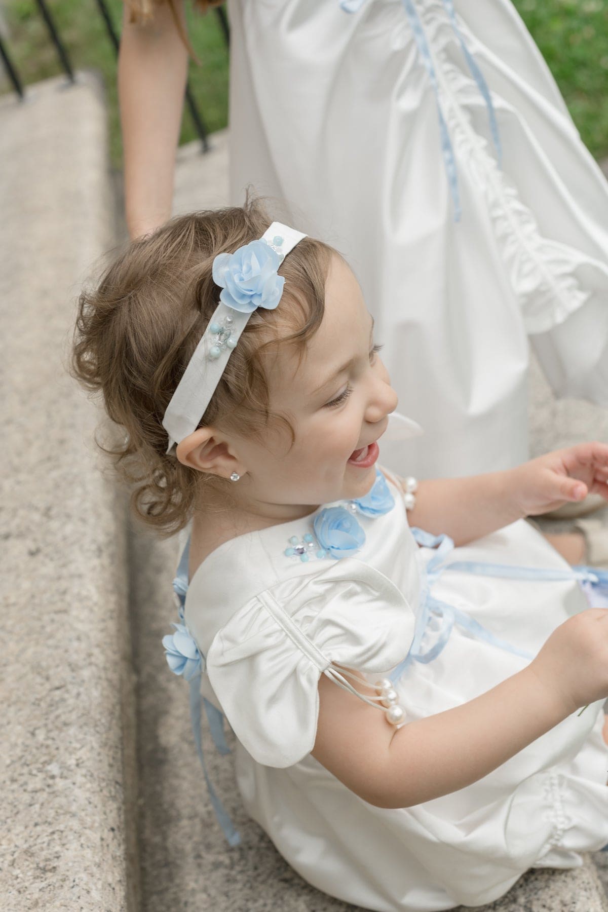 Baby Girls | Daphne Satin Romper with Embroidery | White & Blue
