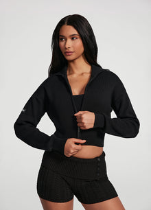 Knit Cropped Zip-Up Jacket | Black