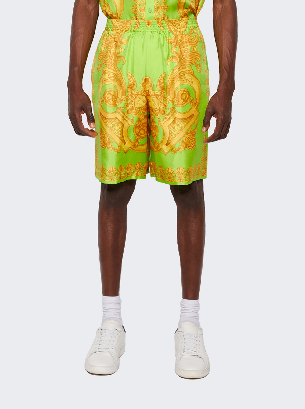 Men | Versace | Barocco 660 Silk Shorts | Lime & Gold