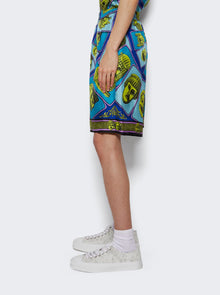 Men | Versace | Twill Silk Mask Print Shorts | Acid Green & Teal
