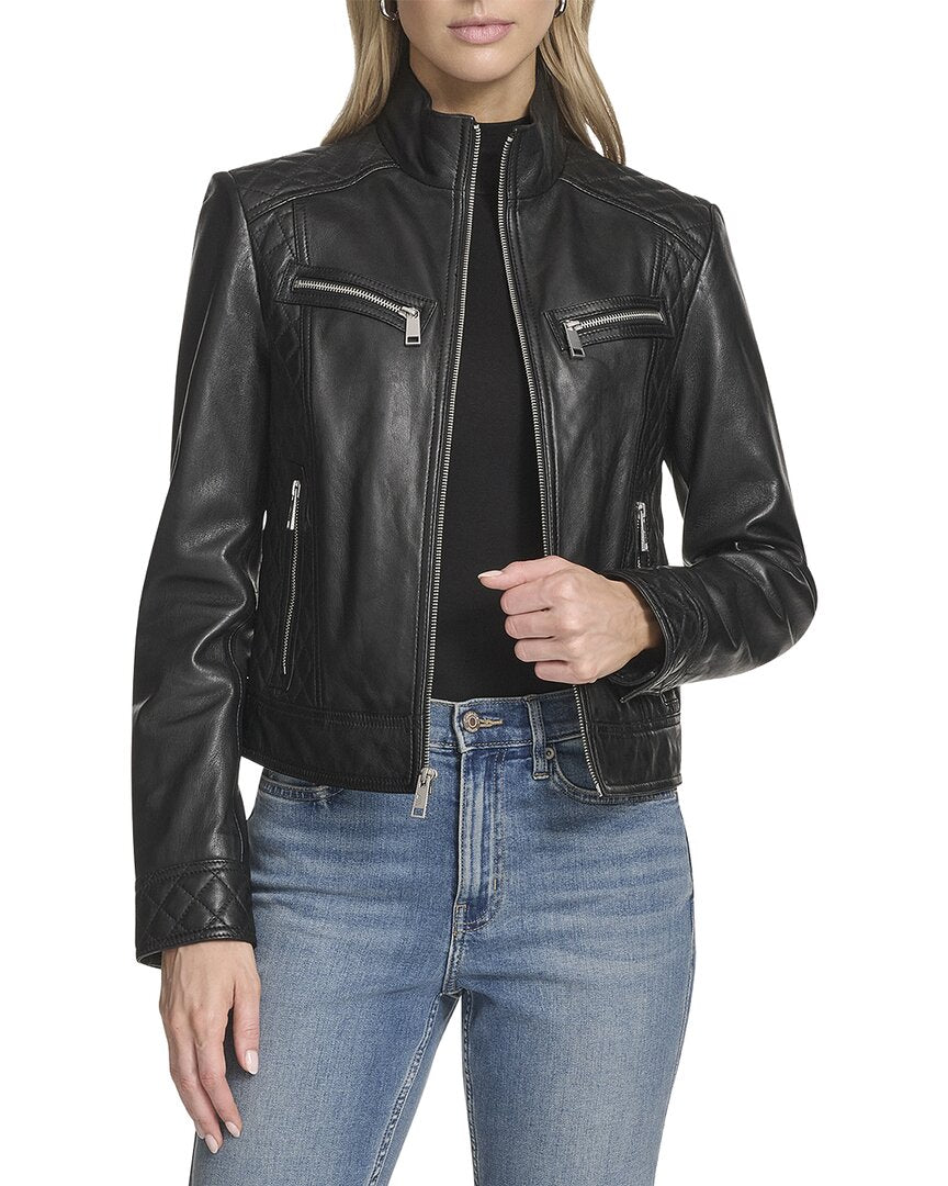 Andrew Marc | Womens | Mikel Leather Racer Jacket | Black