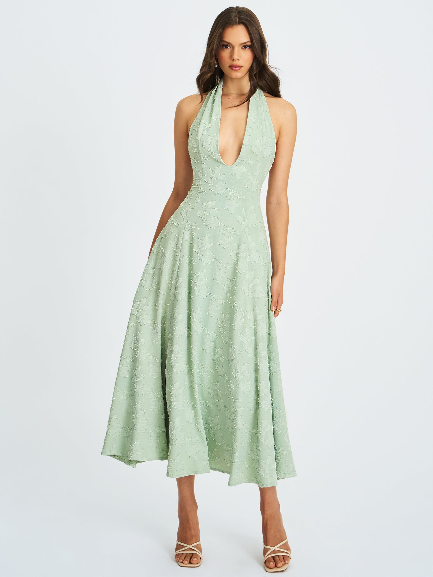 Magda Deep V Neck Halter A-line Midi Dress | Mint Green