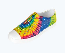 Angled view of a Native Shoes Jefferson Print | Shell White/ Shell White/ Neon Multi Tie Dye Footwear