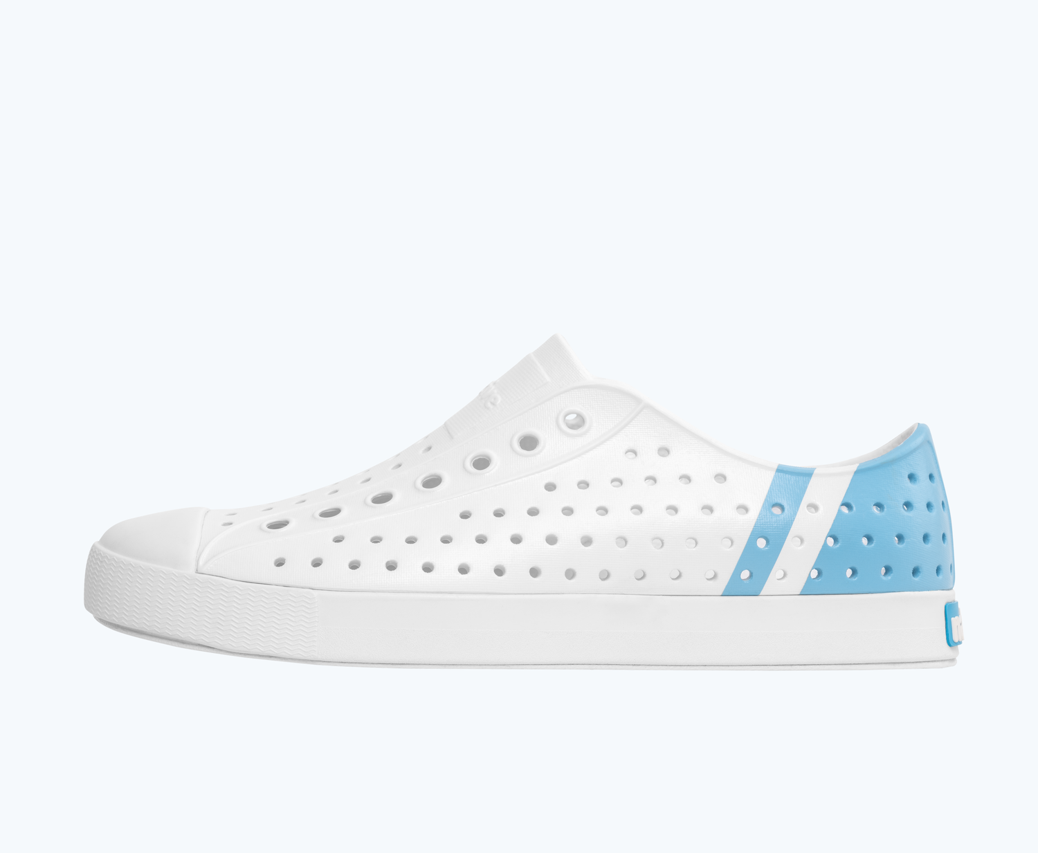 Side view of a Native Shoes Adults Jefferson Block | Shell White/ Shell White/ Sky Stripe Block Footwear