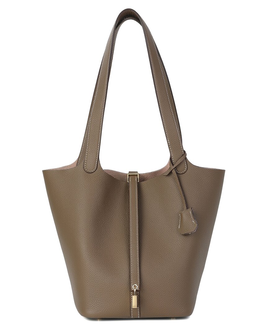 Tiffany & Fred Paris | Womens | Pebbled Leather Bucket Tote | Khaki