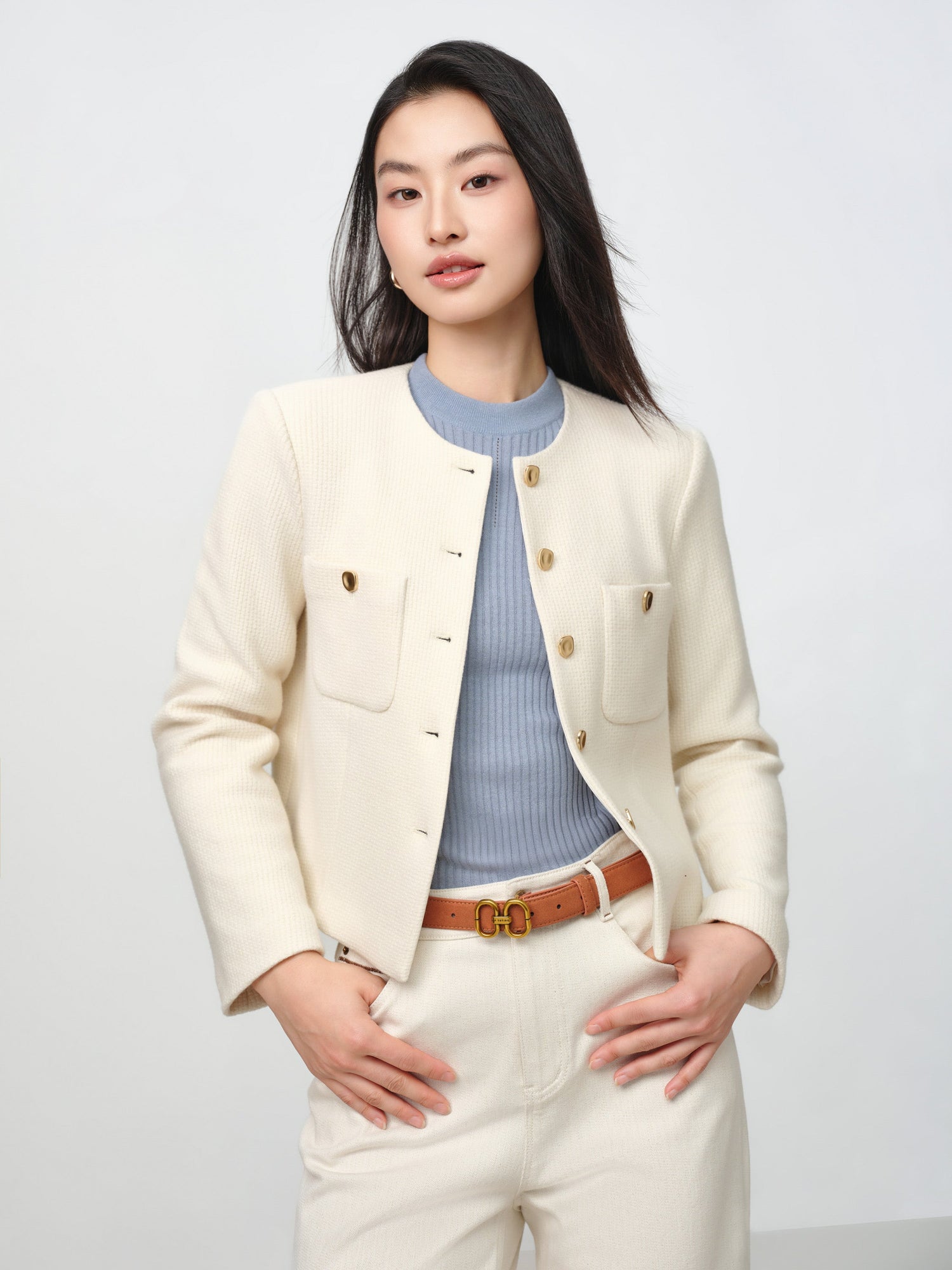 Tweed-Style Plaid Collarless Jacket | White