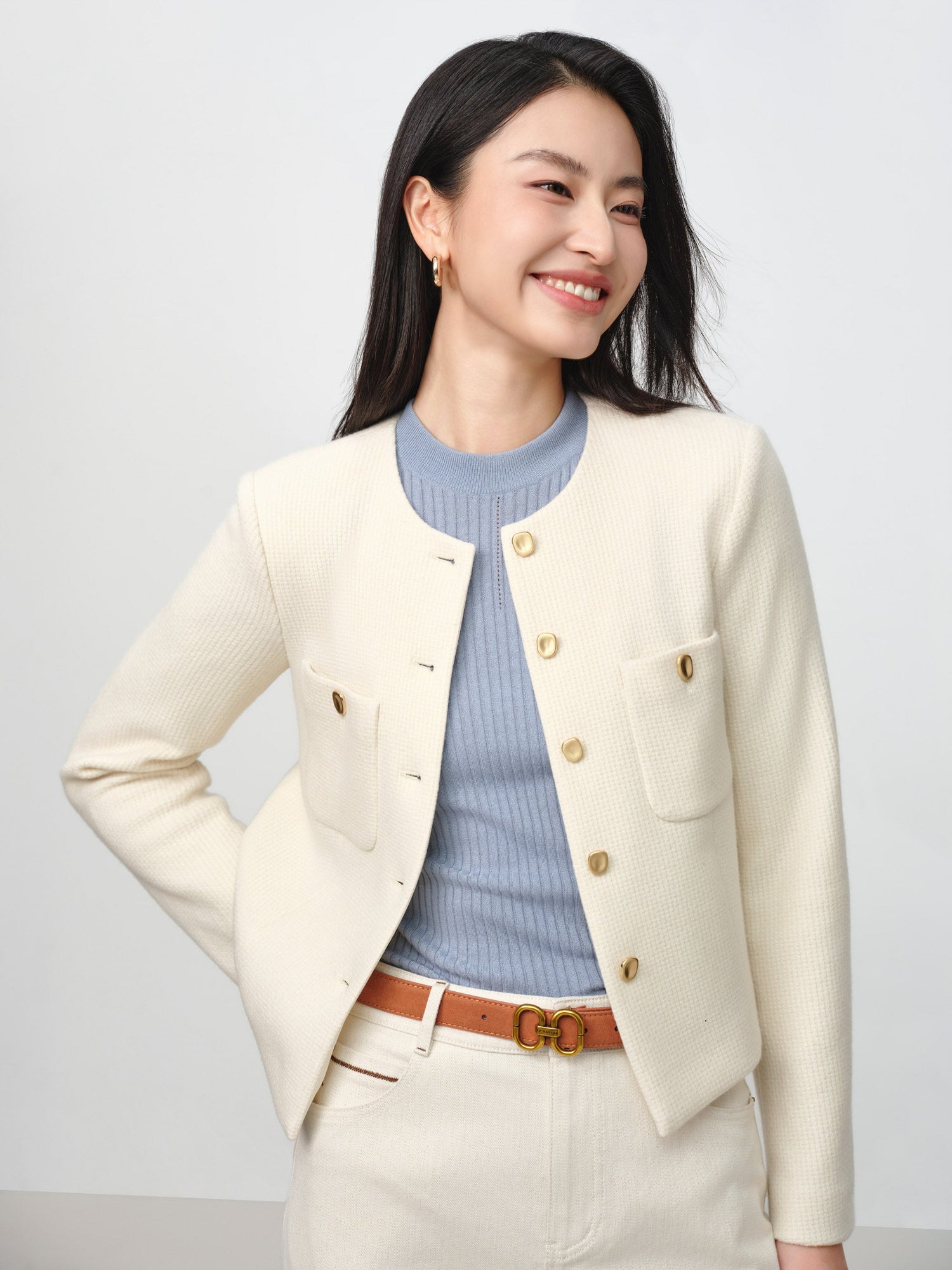 Tweed-Style Plaid Collarless Jacket | White