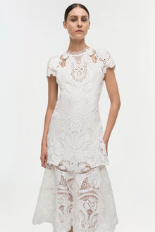 White lace dress with short sleeves, ornate cutout patterns throughout, and tiered ruffle hem.