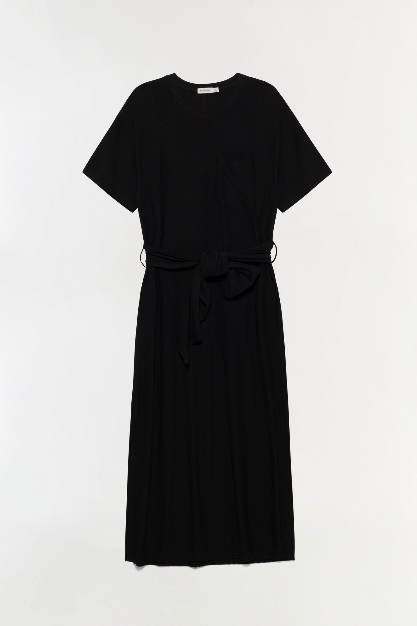 Black jersey t-shirt dress with short sleeves, crew neckline, and tie waist detail.