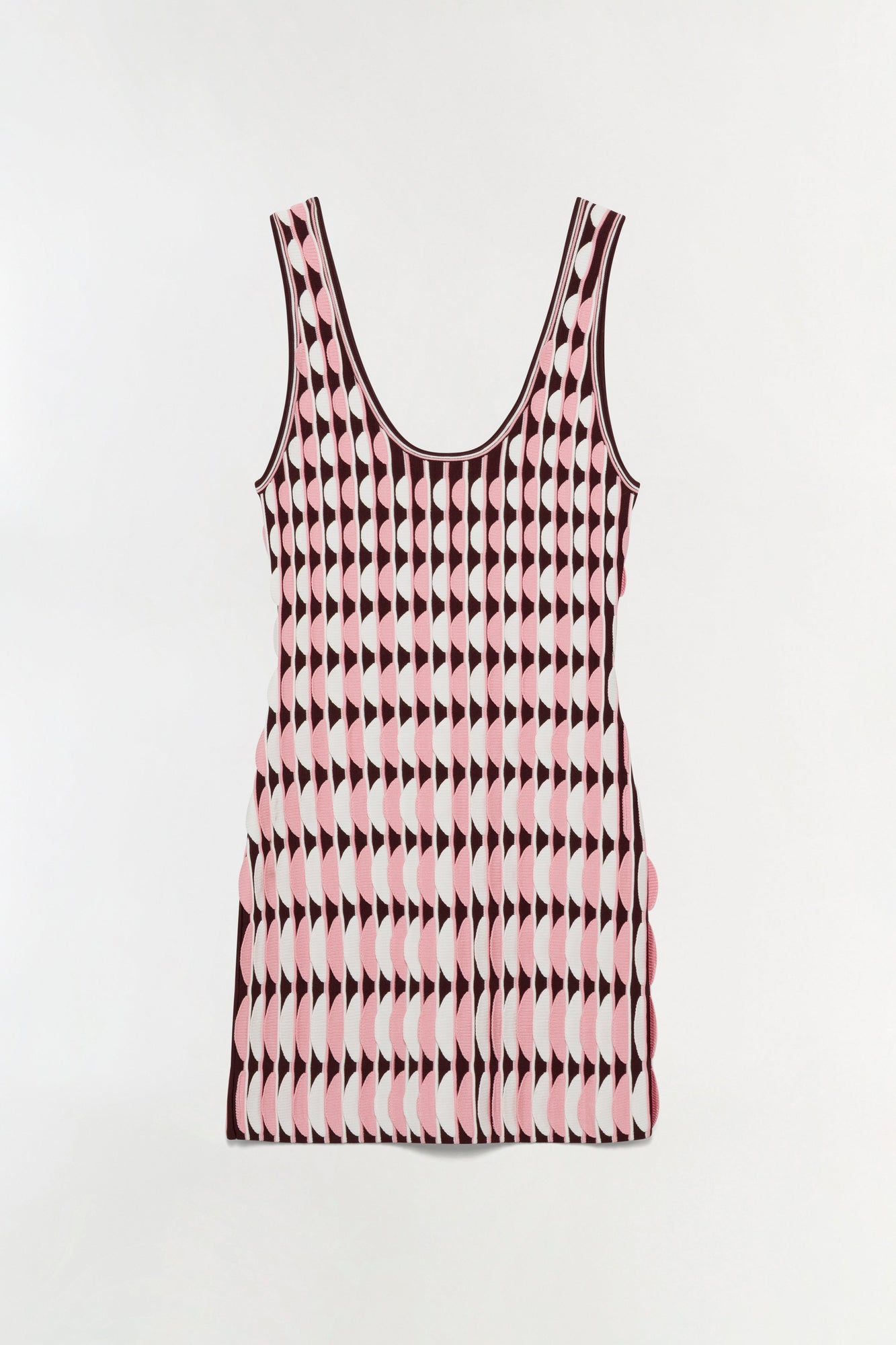 Pink and burgundy knit mini dress with scalloped edge pattern and sleeveless tank neckline.
