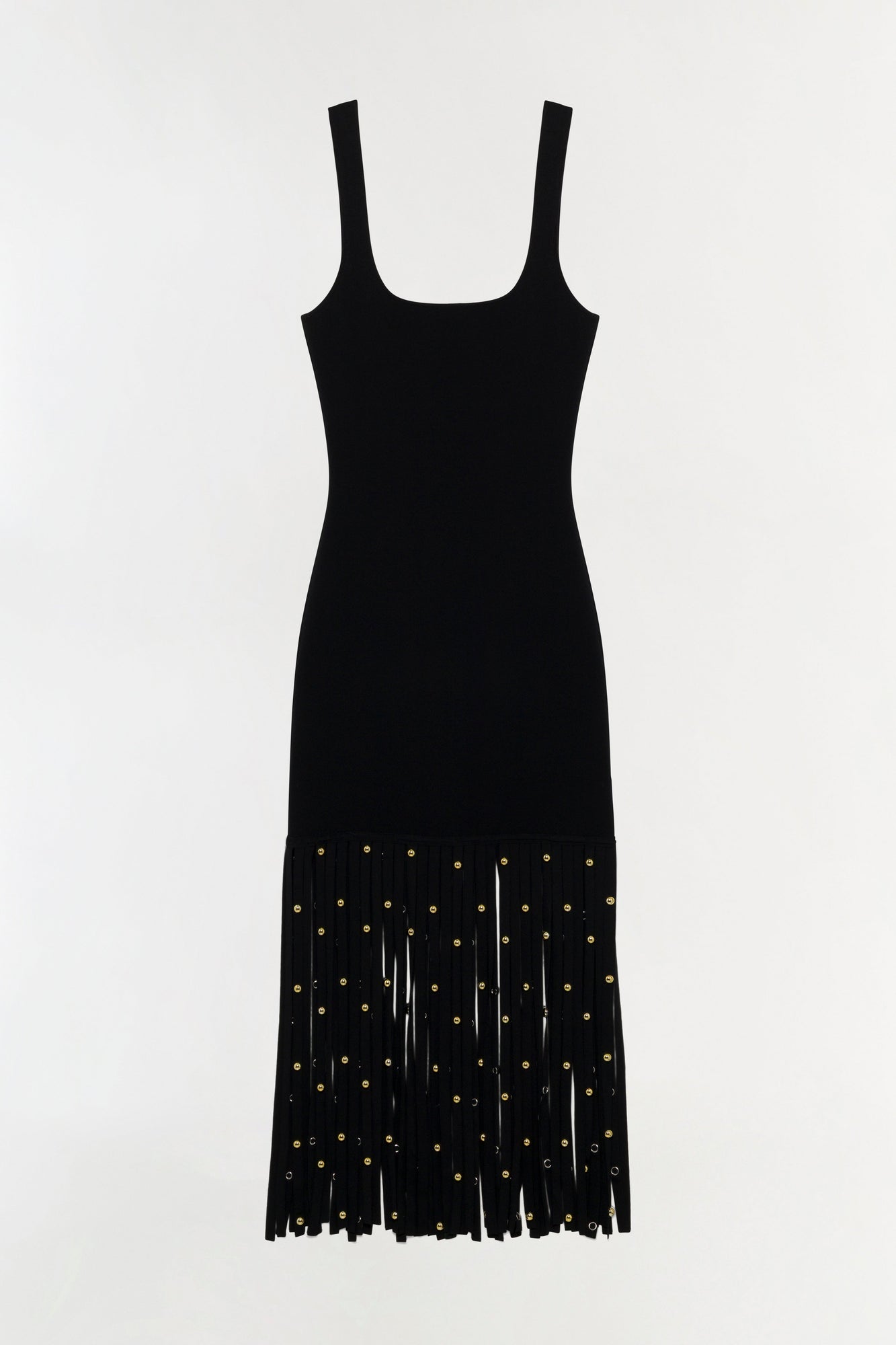 Black knit midi dress with square neckline, sleeveless tank straps, and gold stud embellishments on pleated hem.