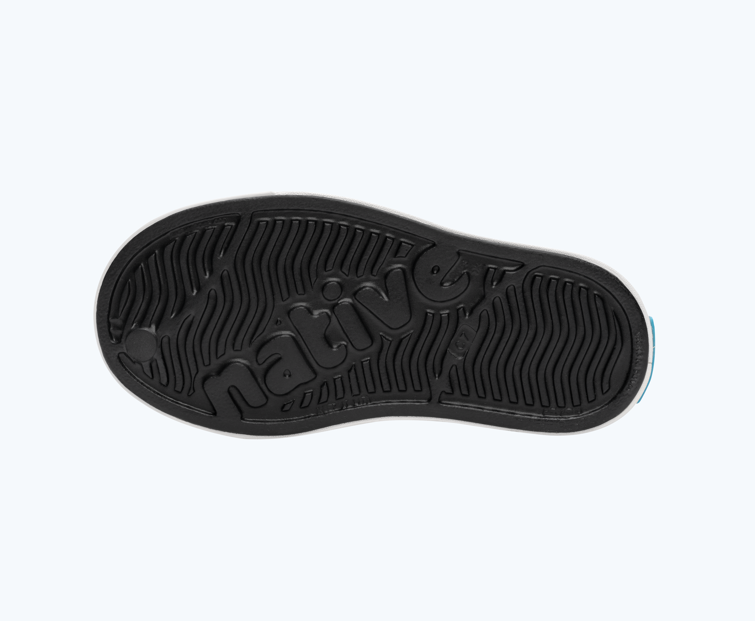 Bottom view of a Native Shoes Kids Jefferson Kids | Jiffy Black/ Shell White Footwear