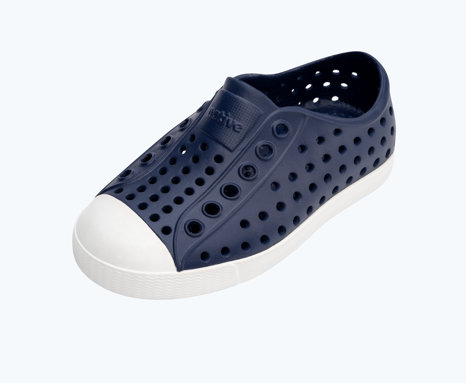 Angled view of a Native Shoes Kids Jefferson Kids | Regatta Blue/ Shell White Footwear