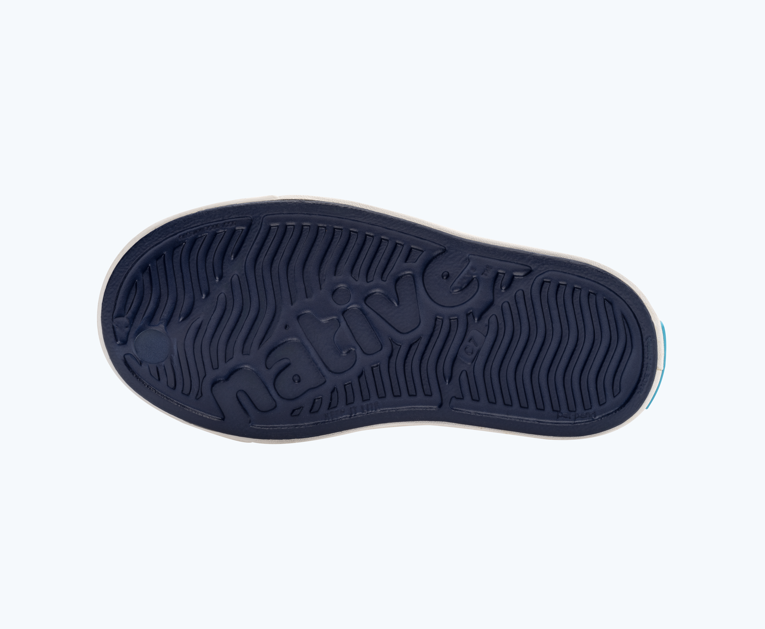 Bottom view of a Native Shoes Kids Jefferson Kids | Regatta Blue/ Shell White Footwear