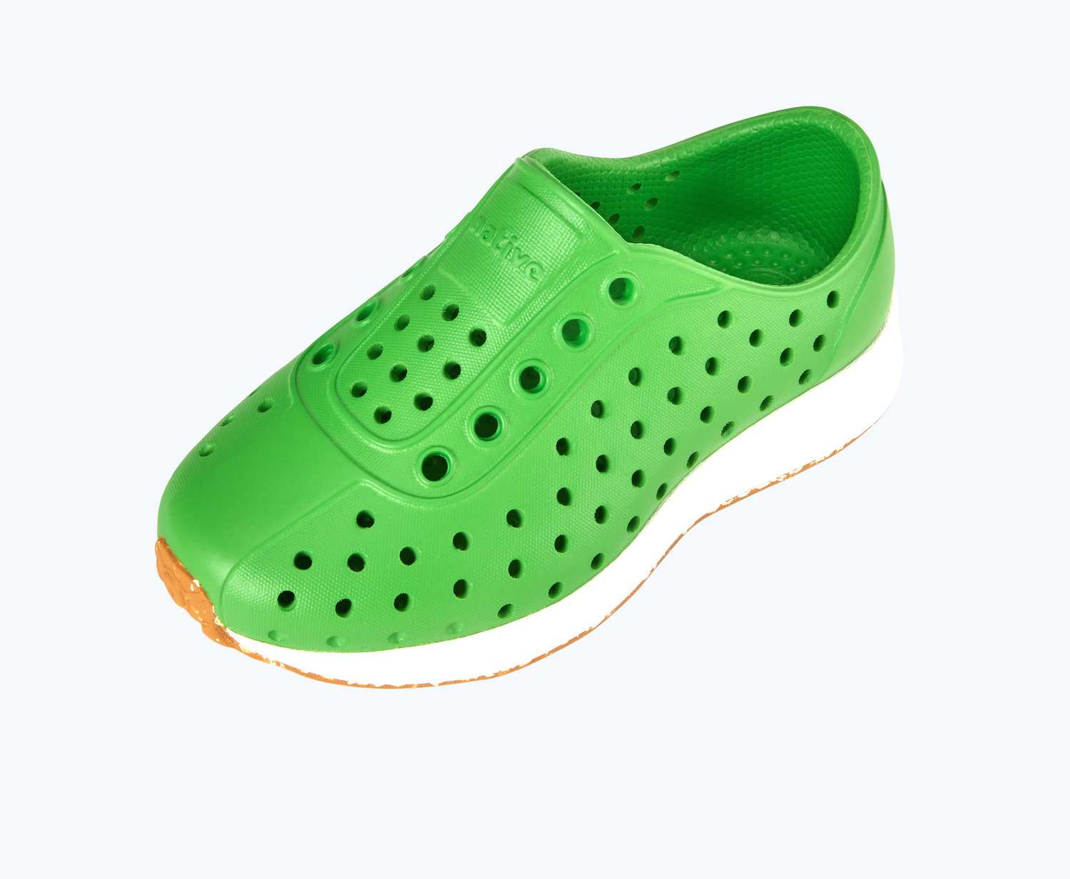 Angled view of a Native Shoes Kids Robbie Kids | Grasshopper Green/ Shell White/ Mash Speckle Rubber Footwear