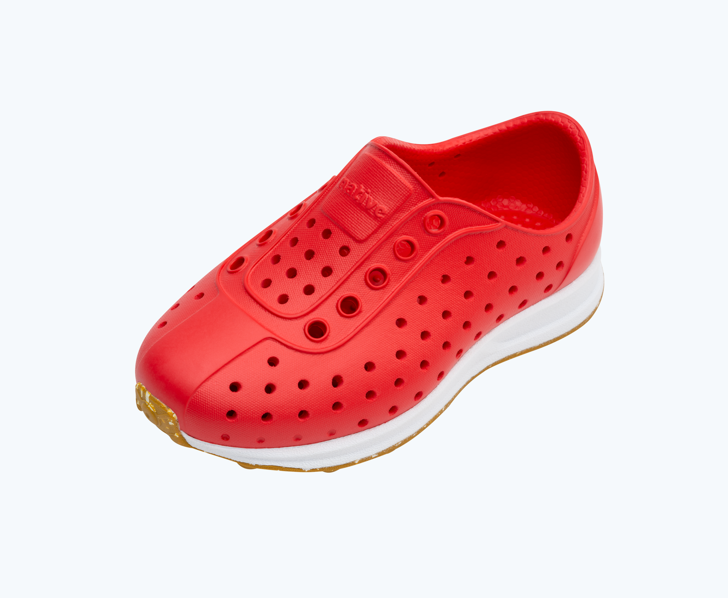 Angled view of a Native Shoes Kids Robbie Kids | Hyper Red/ Shell White/ Mash Speckle Rubber Footwear