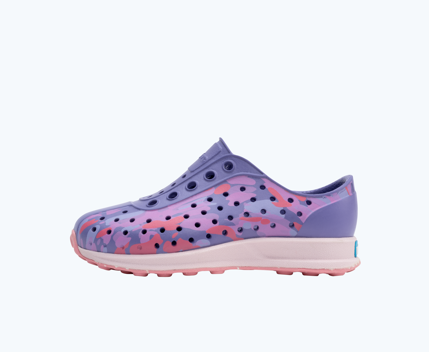 Side view of a Native Shoes Kids Robbie Print Kids | Haze Purple/ Lint Pink/ Dazzle Eucamo/ Princess Speckle Rubber Footwear