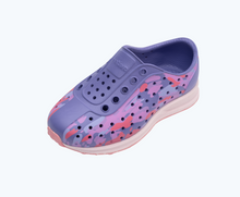 Angled view of a Native Shoes Kids Robbie Print Kids | Haze Purple/ Lint Pink/ Dazzle Eucamo/ Princess Speckle Rubber Footwear