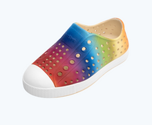 Angled view of a Native Shoes Kids Jefferson Print Kids | Bone White/ Shell White/ Rainbow Gradient Footwear