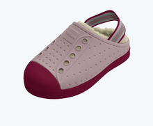 Angled view of a Native Shoes Kids Jefferson Cozy Kids | Balos Pink/ Root Red/ Bone White Footwear