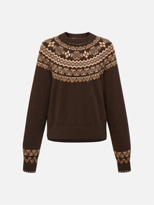 Coffee Yak Wool Ethnic Jacquard Pullover Sweater | Brown