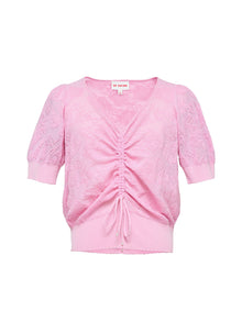 Textured Openwork Jacquard Drawstring Waist Knit Top | Pink