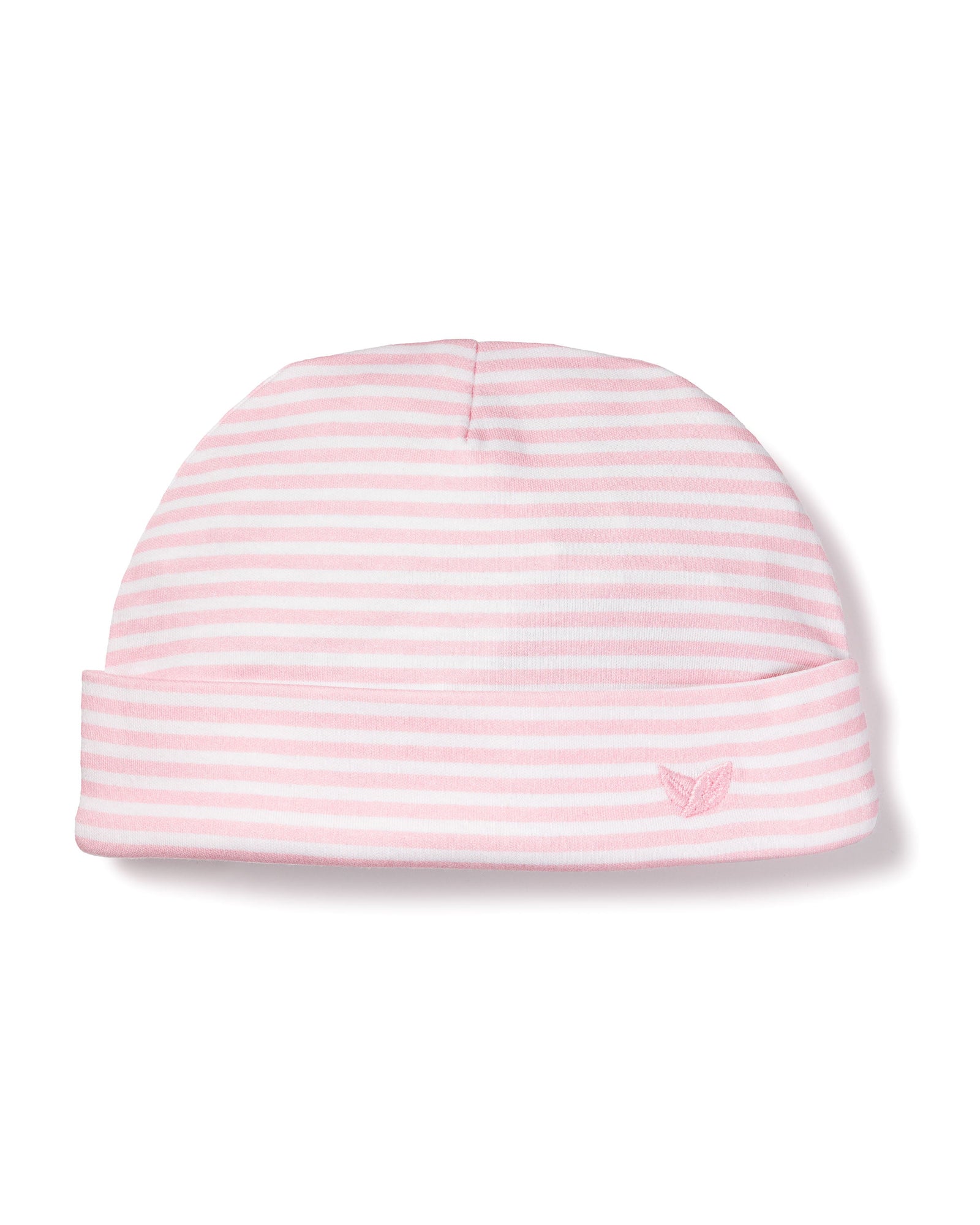The Babys Pima Hat in Pink Stripes by Petite Plume is a pink and white striped baby hat made from soft Peruvian Pima Cotton, featuring an embroidered emblem on the folded rim, making it ideal for infants.