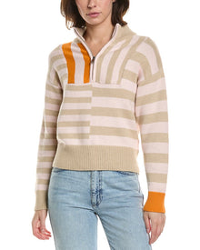 Brodie Cashmere | Womens | Mix Stripe 1/2-Zip Cashmere-Blend Pullover | Pink