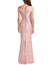 Teri Jon by Rickie Freeman | Womens | Metallic Jacquard Off-Shoulder Pleated Gown | Pink
