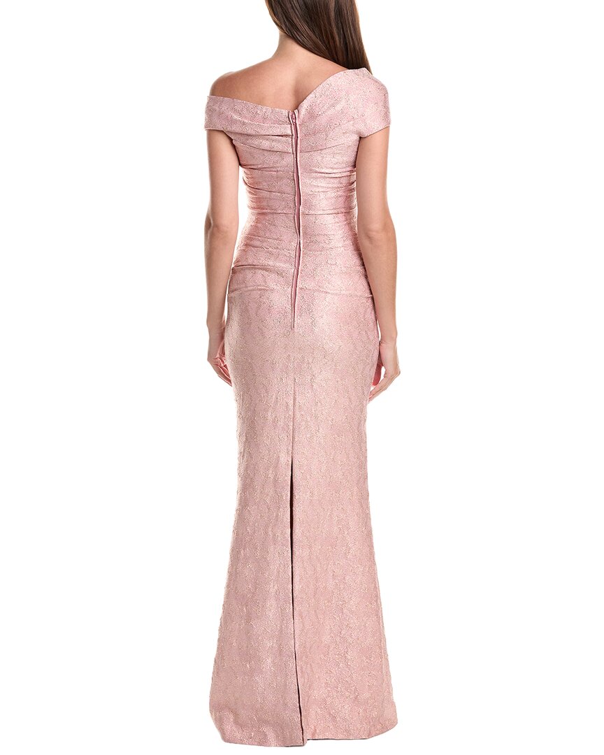 Teri Jon by Rickie Freeman | Womens | Metallic Jacquard Off-Shoulder Pleated Gown | Pink