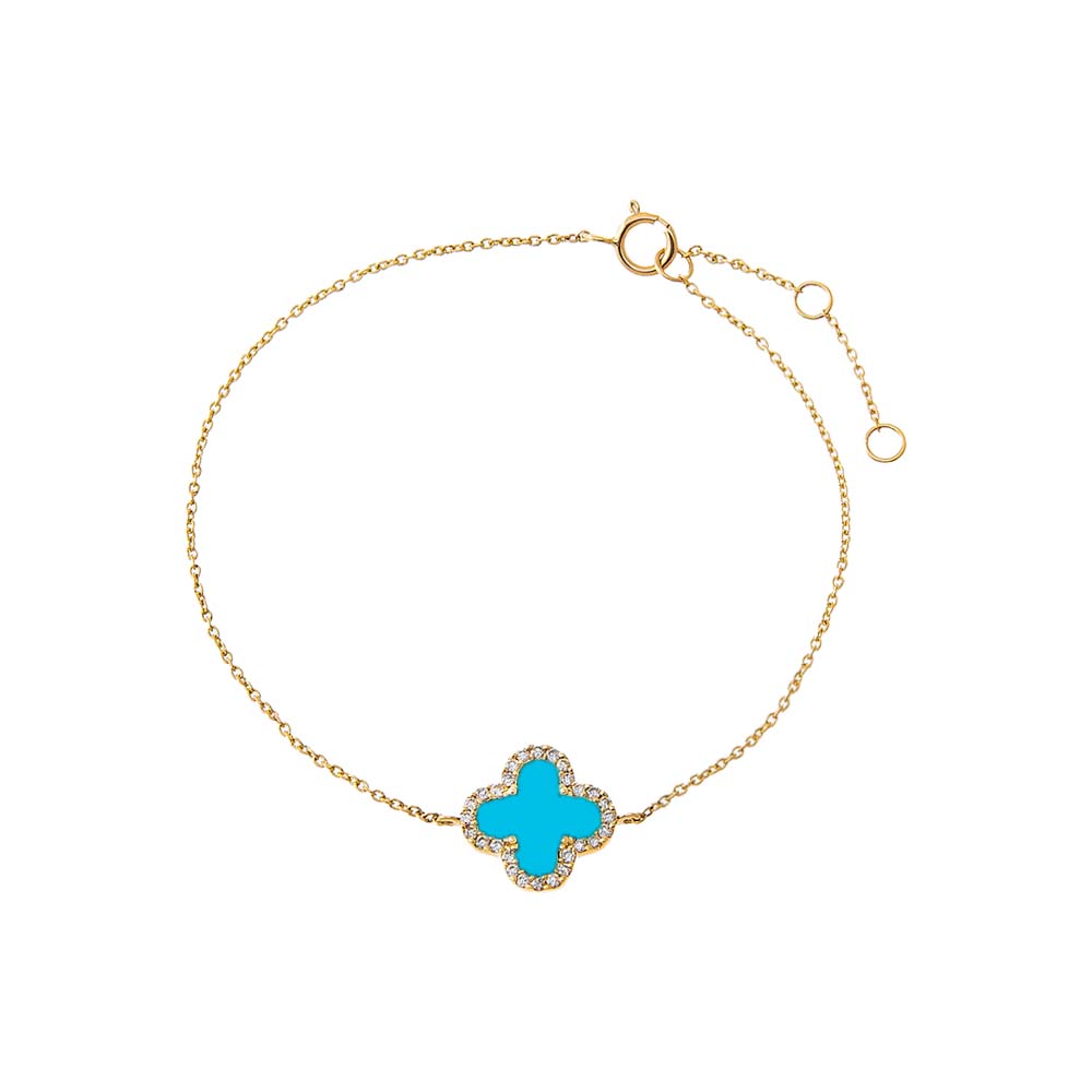Turquoise Diamond Pave Colored Stone Clover Bracelet 14K - Adina's Jewels