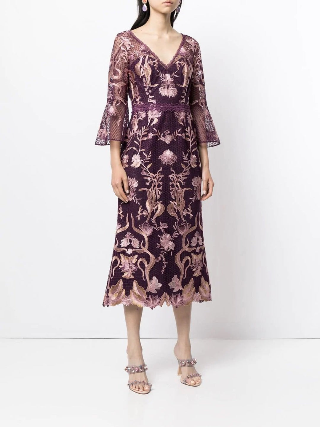 3/4 Bell Sleeve Guipure Cocktail Marchesa