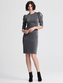 DRAPED SLEEVE SLIM METALLIC KNIT DRESS - Halston