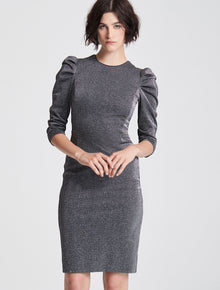 DRAPED SLEEVE SLIM METALLIC KNIT DRESS - Halston