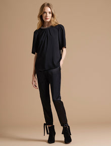 Flowy Short Sleeve Embellished Silk Top - Halston