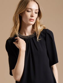 Flowy Short Sleeve Embellished Silk Top - Halston